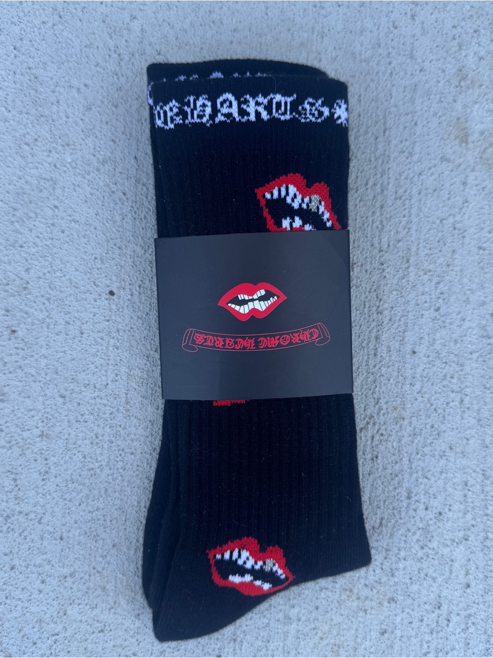 Chrome Hearts Black Crew Socks with Red Lip Grapic